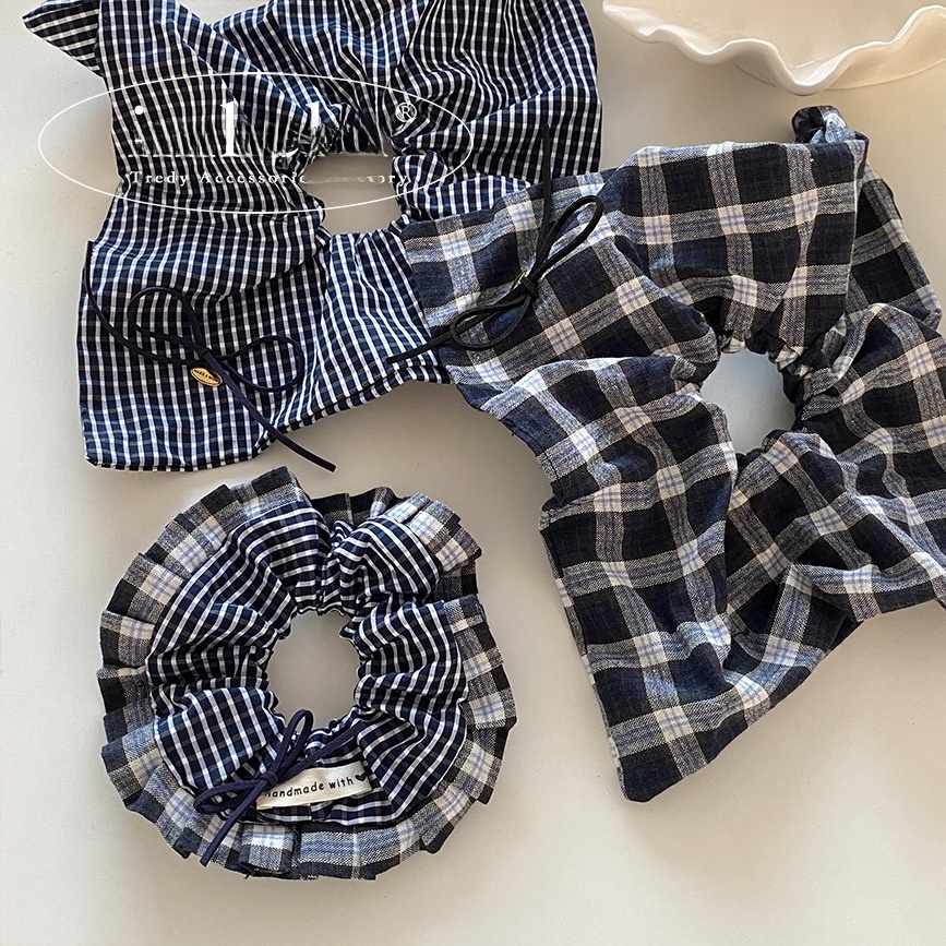 Women Cloth Hair Tie Preppy Style Autumn Accessory Navy Blue Plaid