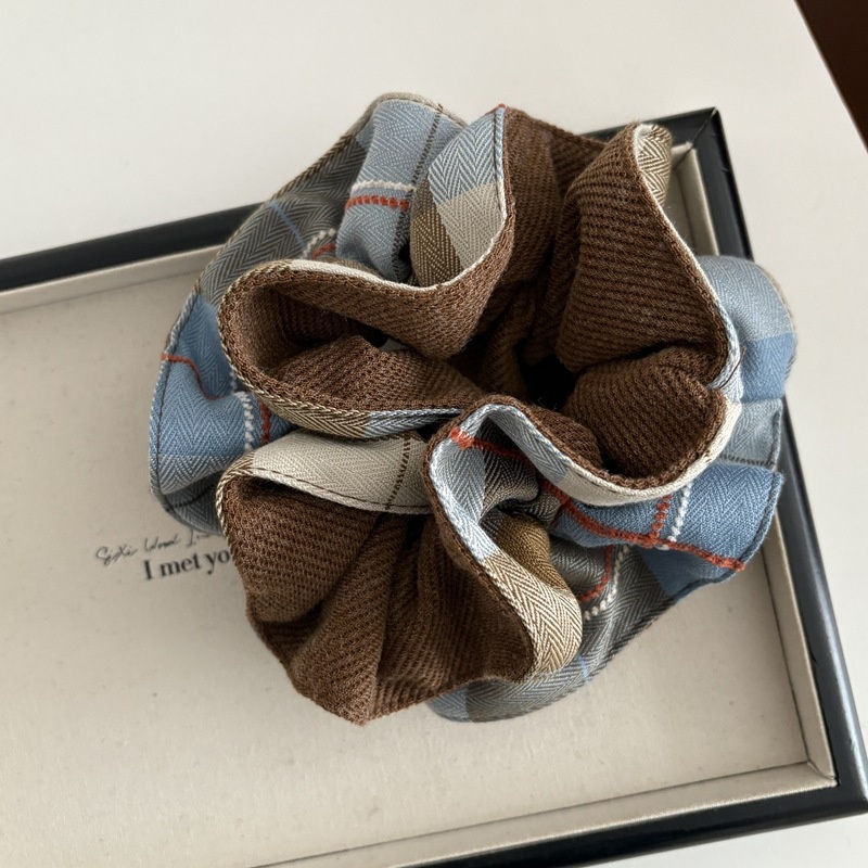 Women's Lazy Cloth Bow Scarf Scrunchie Hair Tie Light Blue Plaid