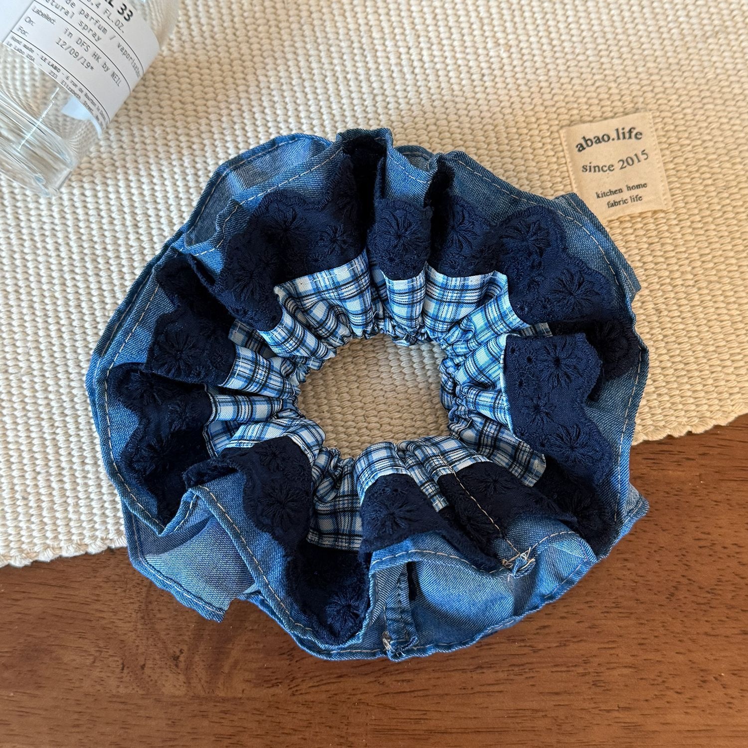 Women's Elegant Cloth Hair Scrunchie Double Layer Blue Plaid Lace