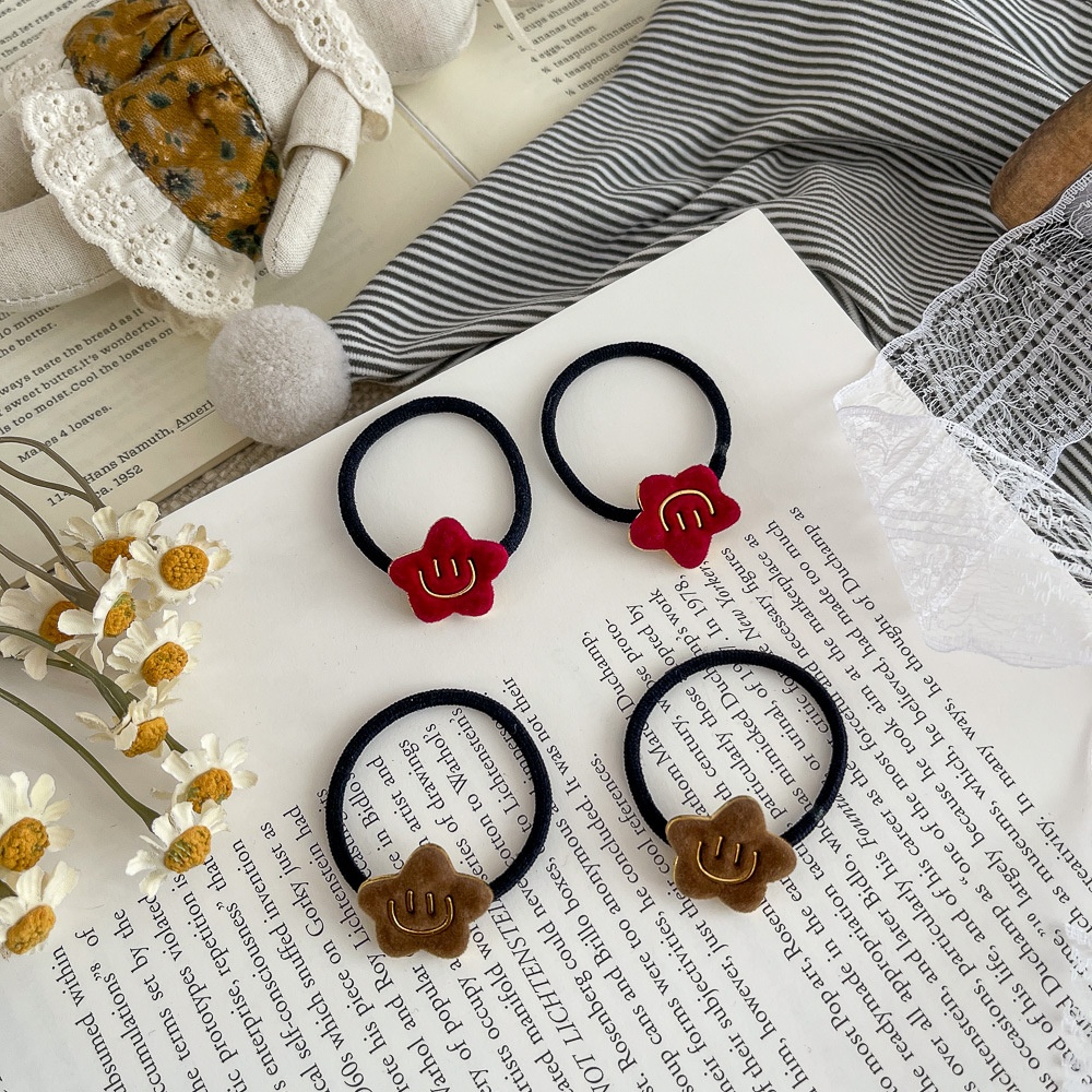 Girls Winter Flocked Elastic Hair Tie Star Smiley Face Black Yellow Blue