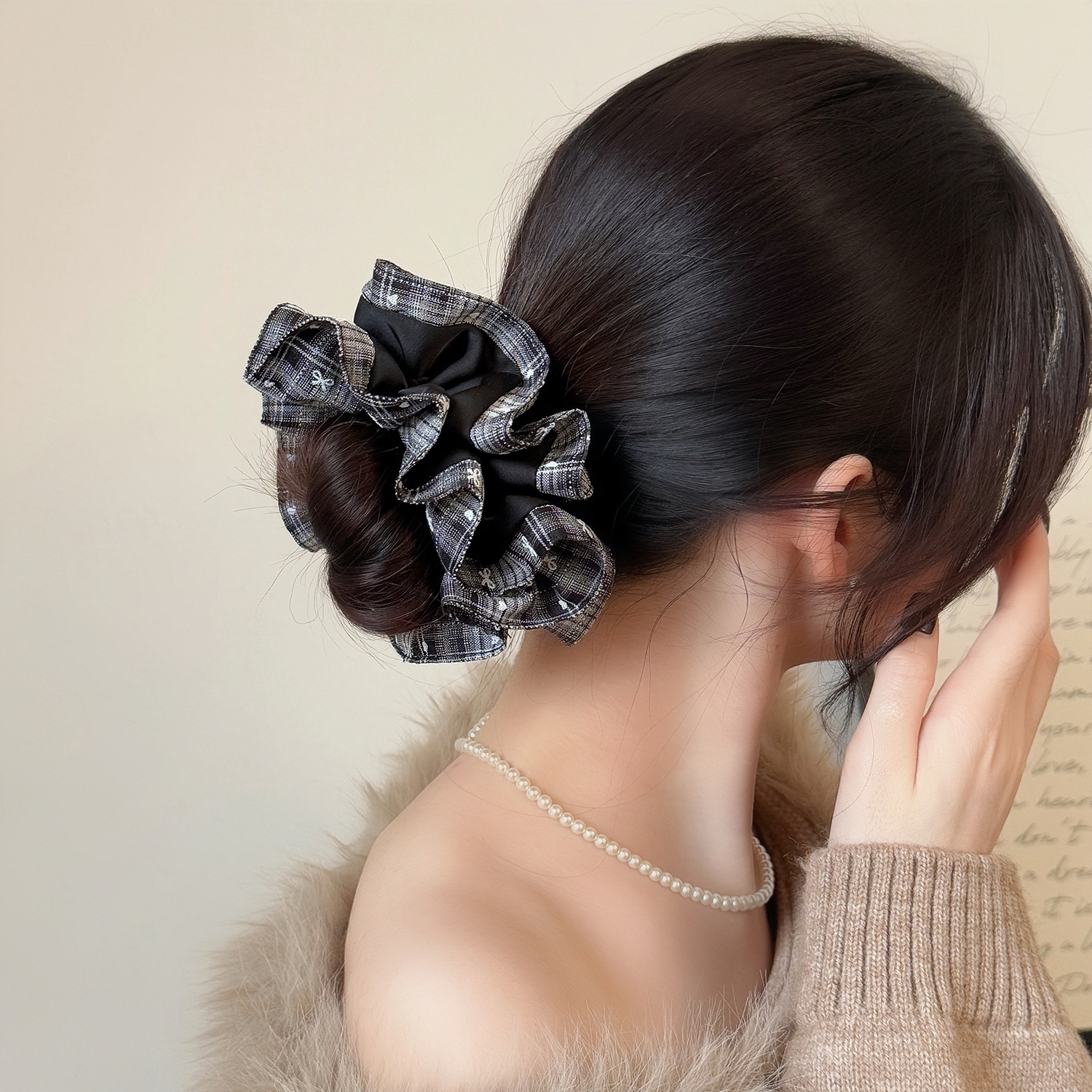 Women Casual Cloth Two-Layer Bowknot Hair Scrunchie Red Black Plaid
