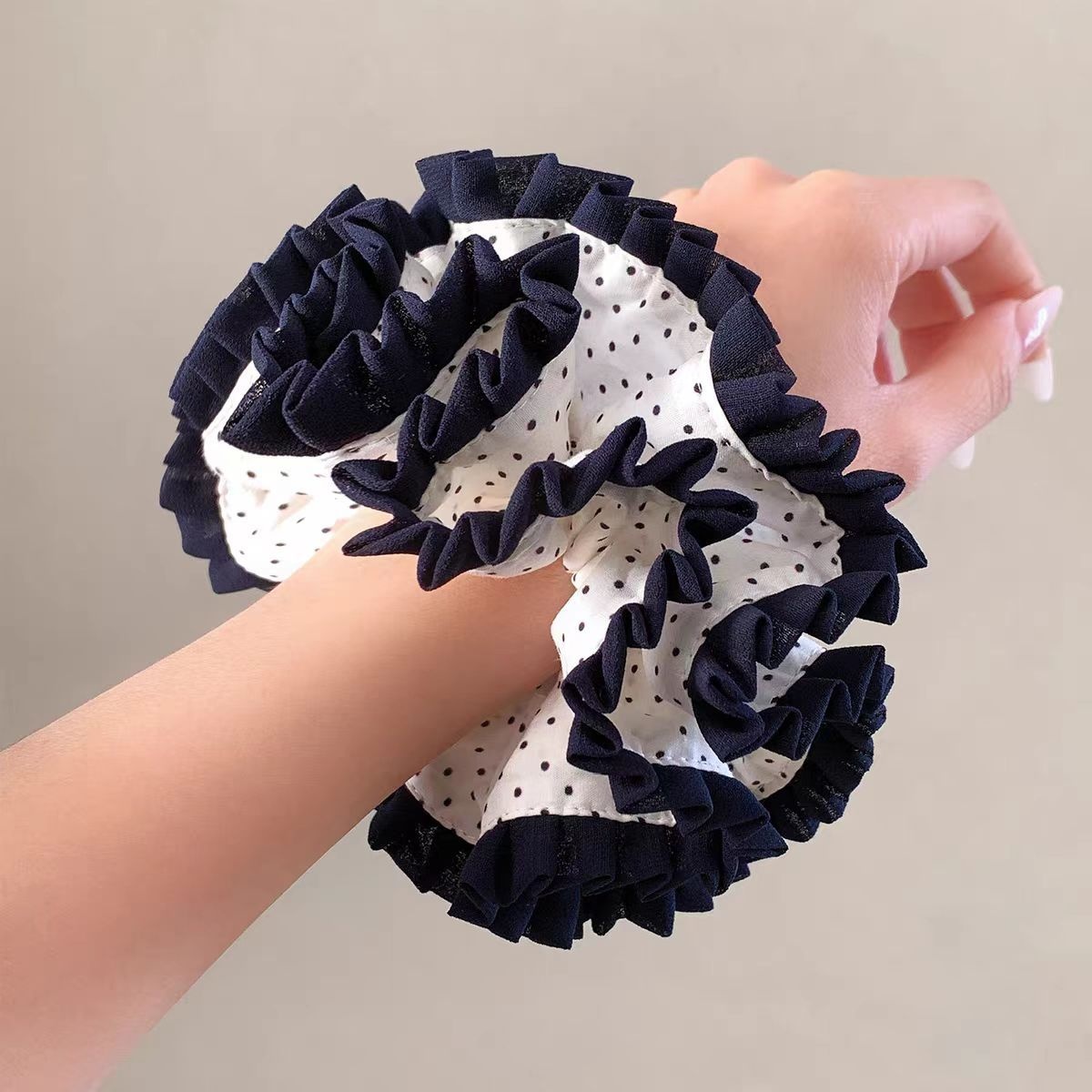 Women's Retro Spring Cotton Hair Tie Black & White Polka Dots