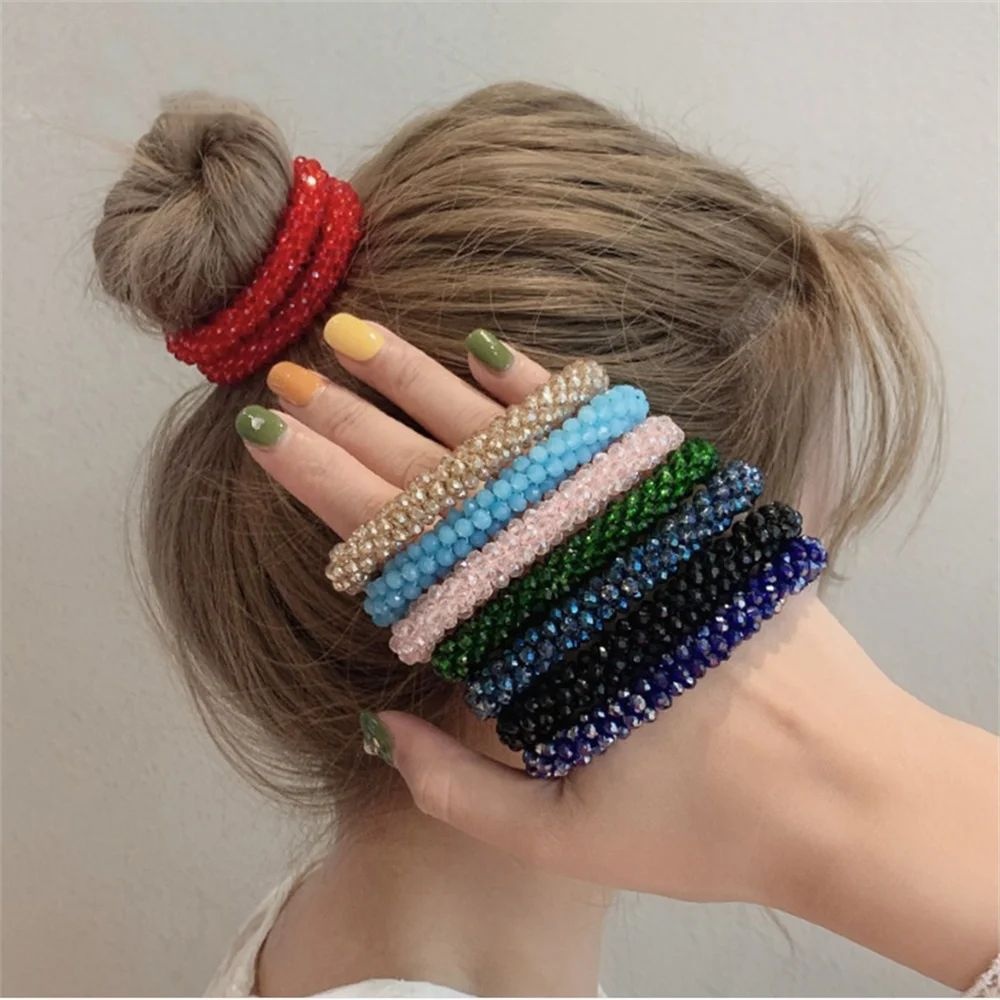 Women's Handmade Crystal Beaded Nylon Hair Ring Dual-Use Bracelet