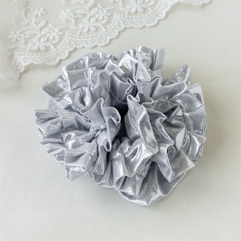Women's Elegant Satin Pleated Hair Tie Silver Embroidered Flower