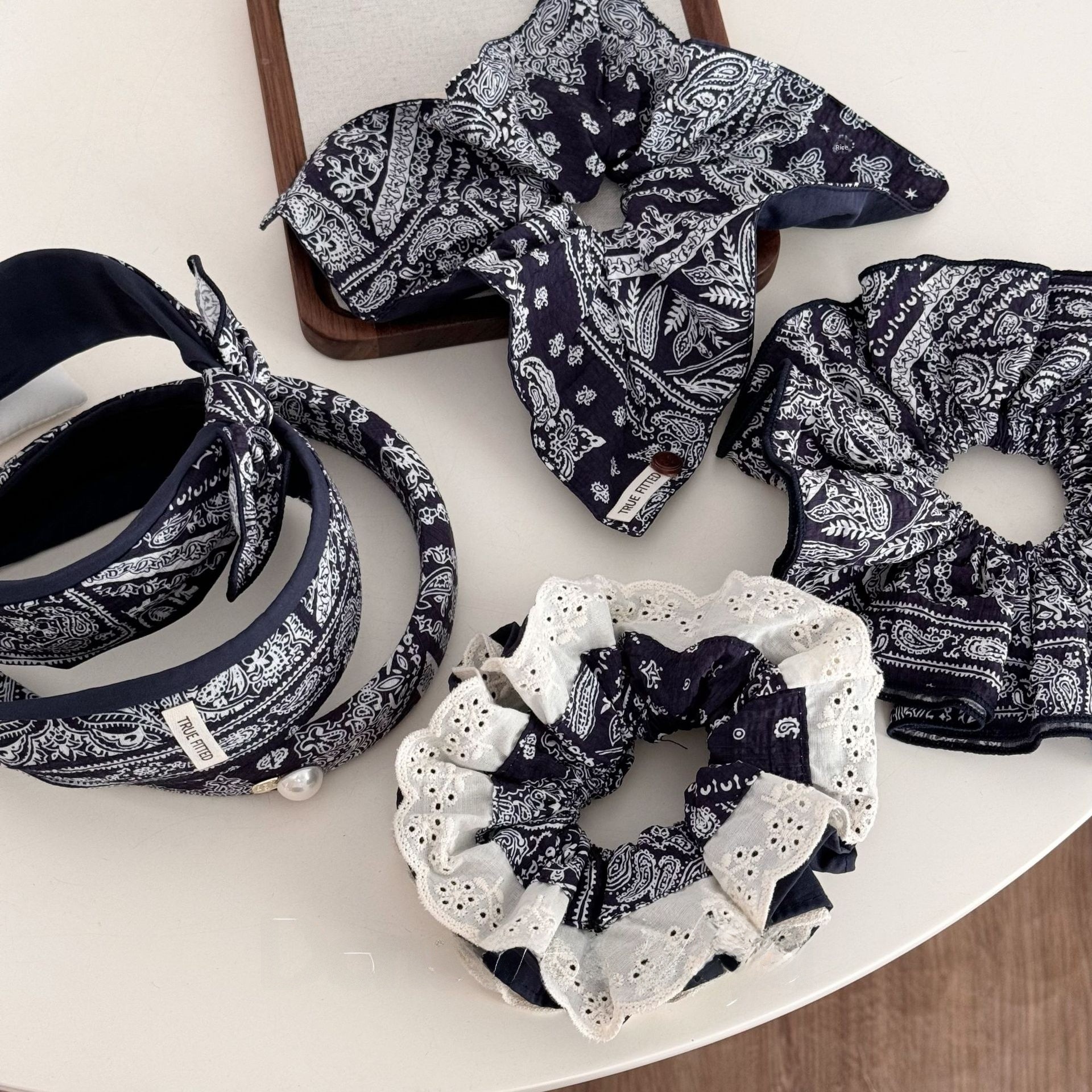 Women's Vintage Summer Bubble Braid Hair Rope Navy Blue Cashew Lace