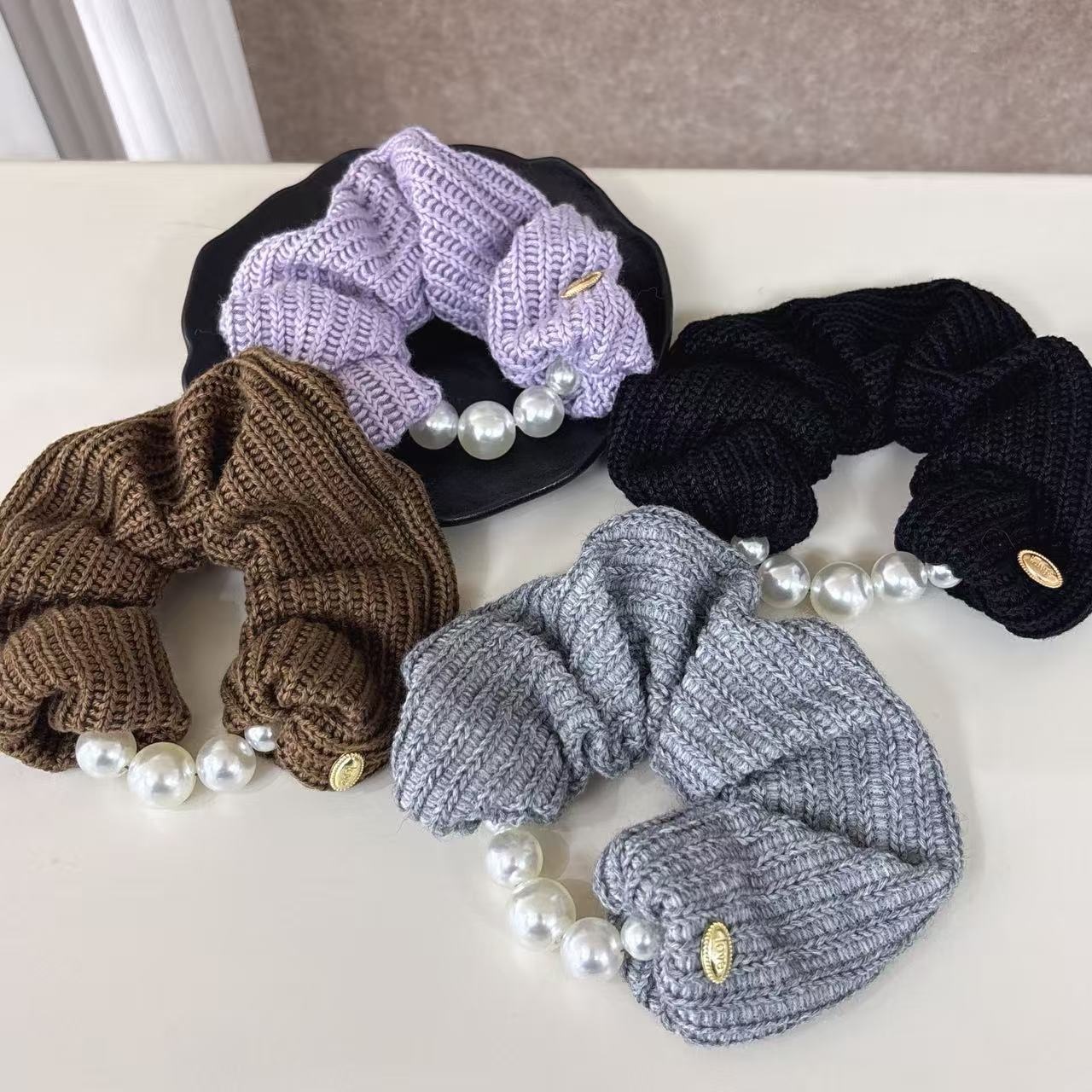 Women Elegant Knitted Cloth Scrunchies Daily Hair Ties Simple Pearl