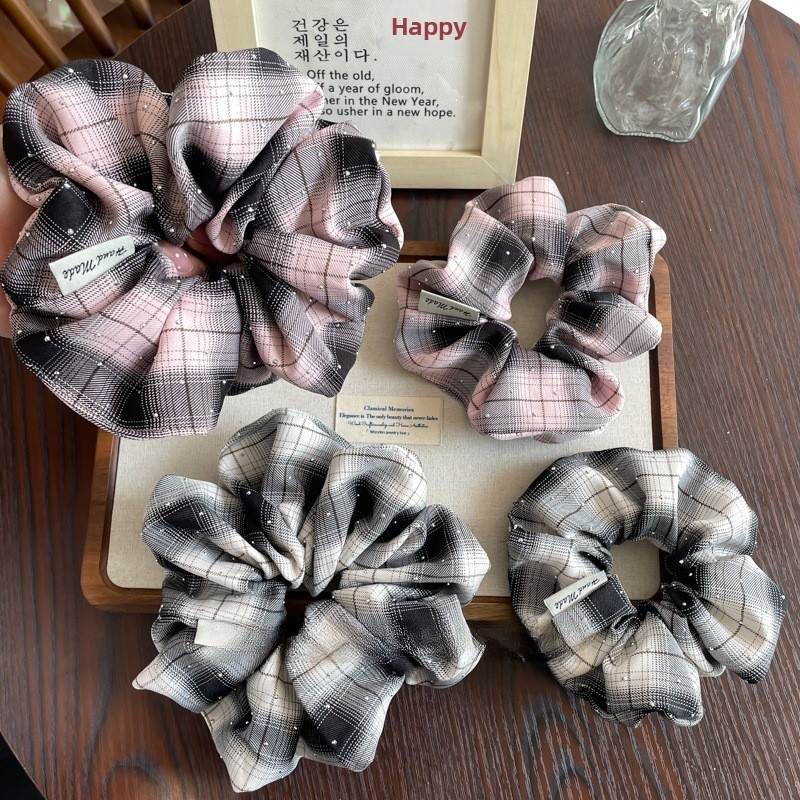 Women's Rhinestone Mesh Low Bun Bow Hair Tie Plaid White Pink Black