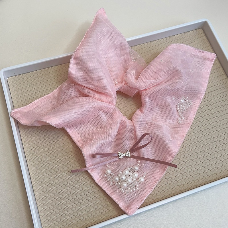 Women's Pearl Gauze Bowknot Hair Tie Low Ponytail Scrunchie Khaki Pink