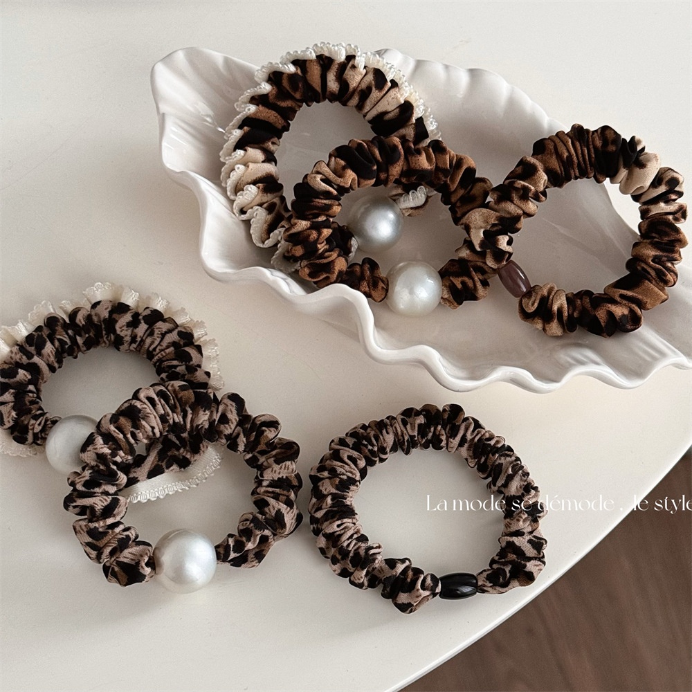 Women's Retro Leopard Print Hair Ties Vintage Pearl Elastic Hair Bands