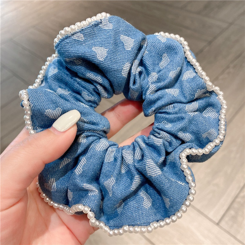 Women Sweet Ponytail Hair Bands Retro Denim Pearl Heart