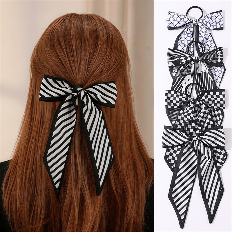 Women's Satin Bow Hair Tie Scarf Headband Black Striped Floral Plaid