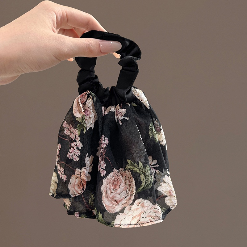 Women Hair Tie Stylish Gauze Floral Print Elastic Scrunchie Black