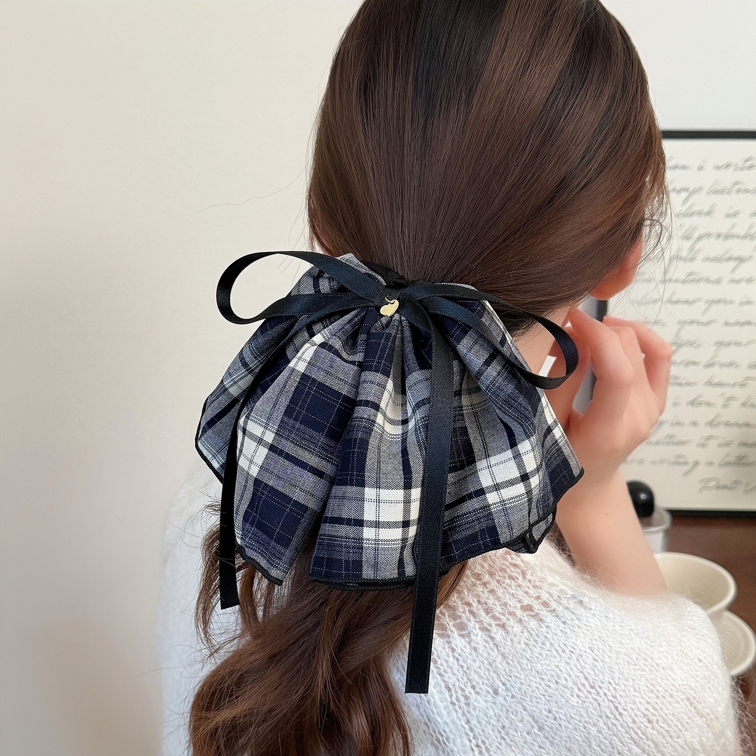 Women's Everyday Cloth Bow Tie Hair Scrunchies Coffee Black Plaid