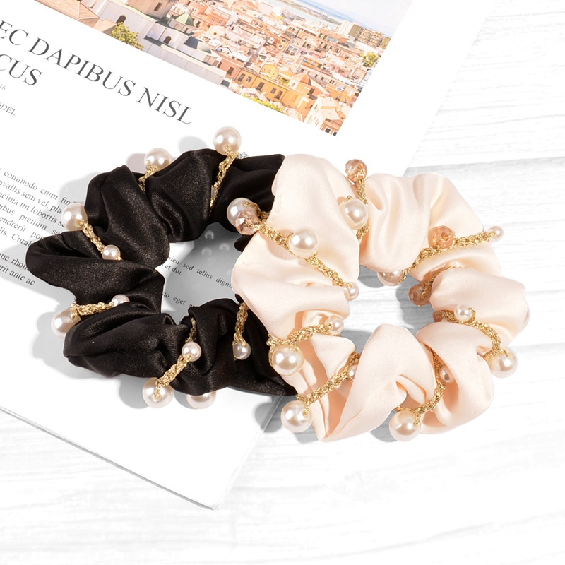 Women's Dual-Use Pearl Crystal Cloth Hair Tie Bracelet Solid Beige Black