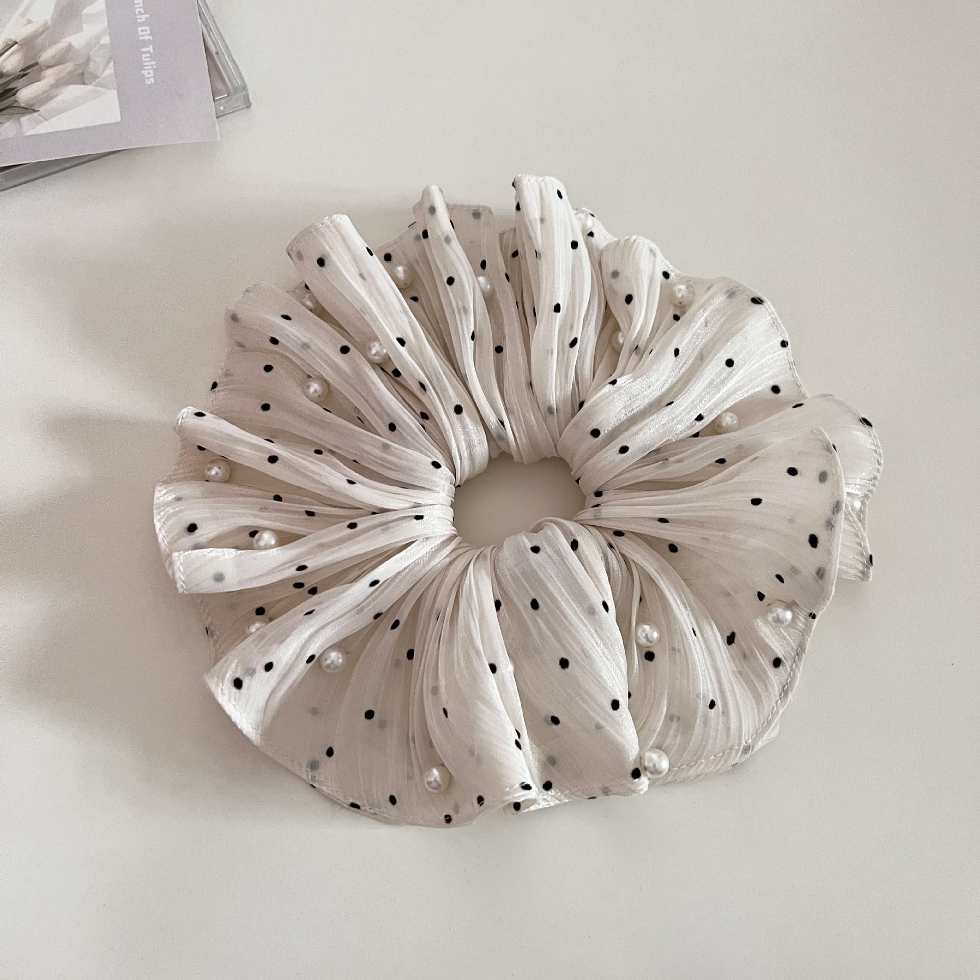 Women's Soft Polka Dot Gauze Hairband Elegant Pearl Folded Headband