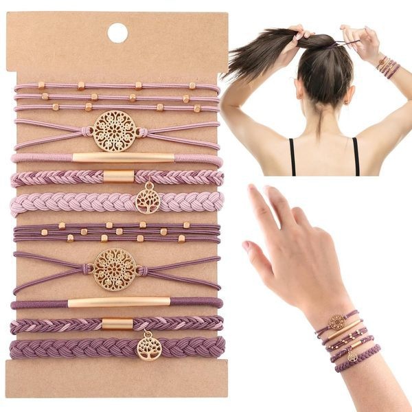 Women's 5Pcs Brown Metal Tree of Life Elastic Hair Tie Bracelet Set