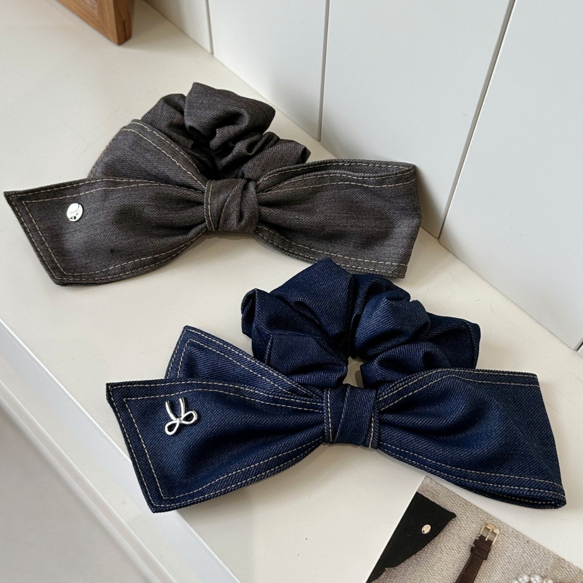 Women's Handmade Denim Butterfly Knot Scrunchie Retro Fashionable Grey Blue