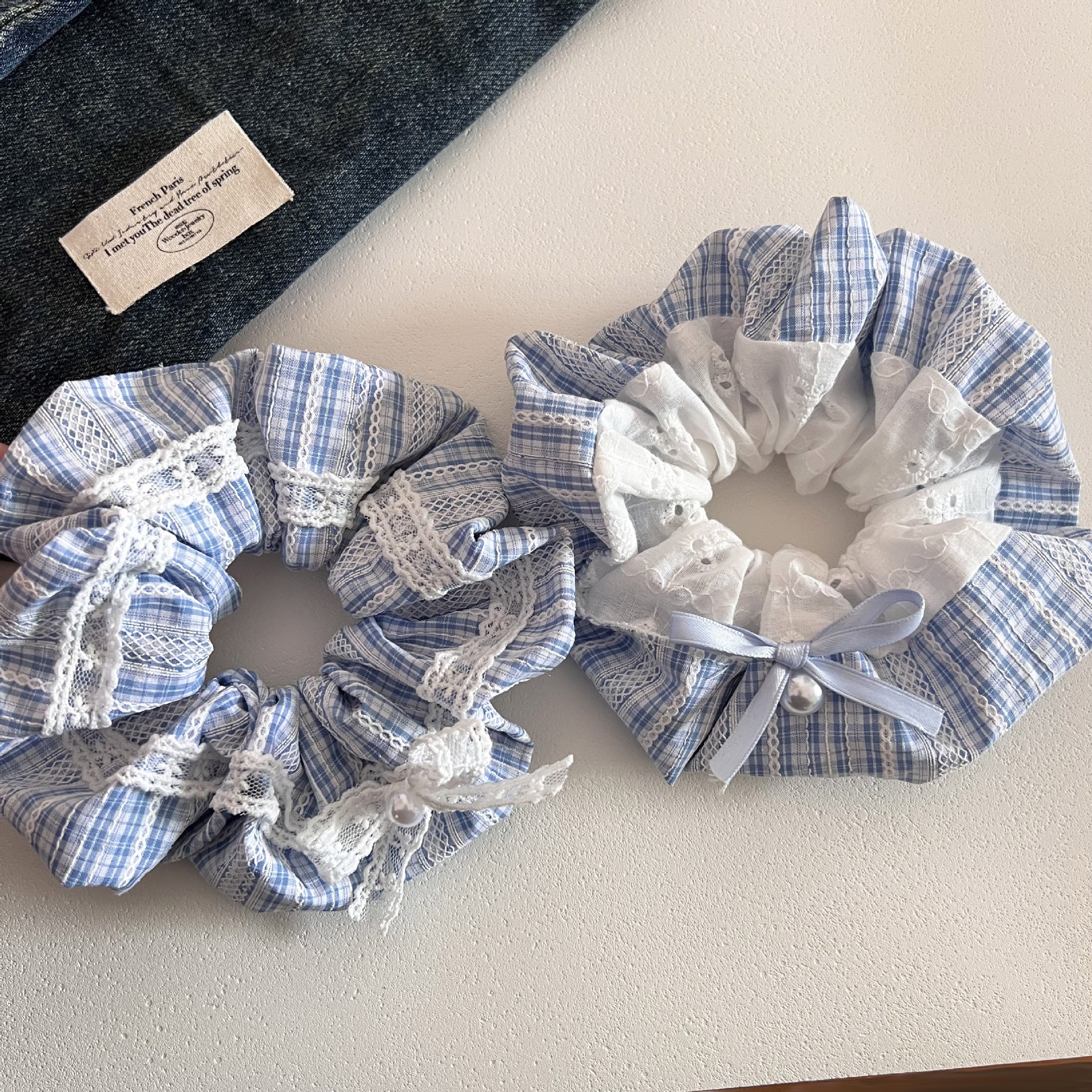 Women's Elastic Fabric Bow Ballet Ponytail Holder Light Blue Plaid