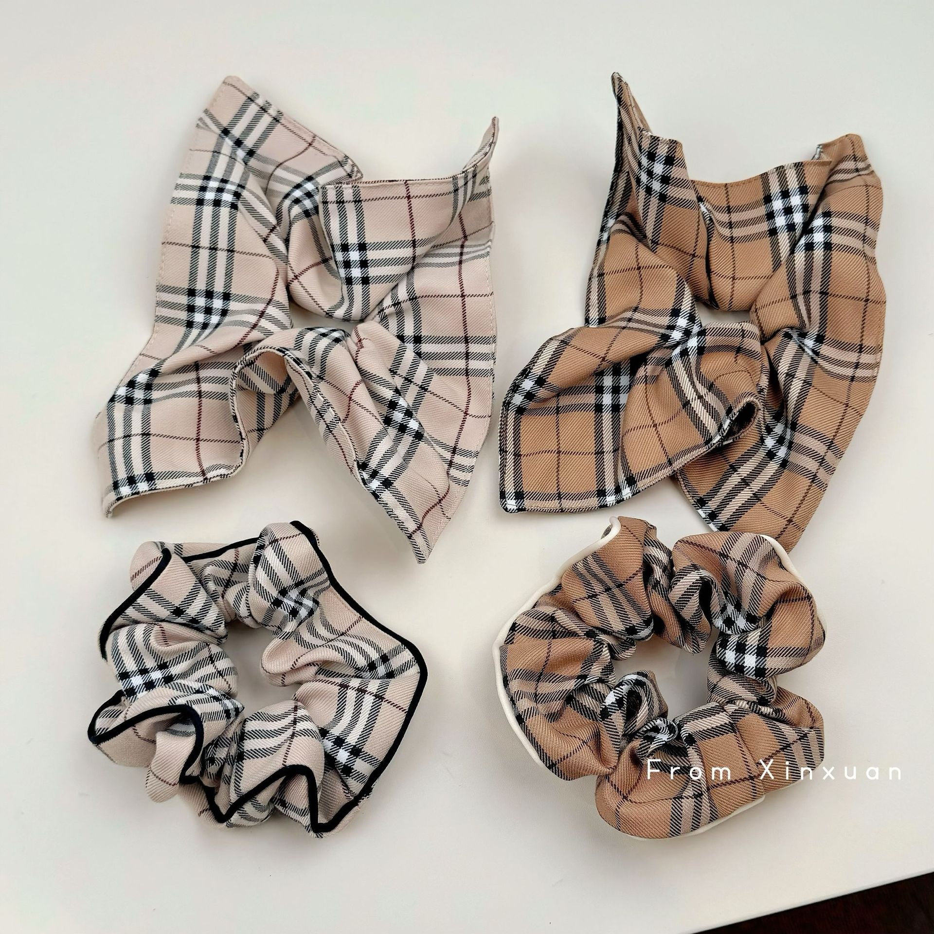 Women's Elegant Scarf Hair Tie Premium Bun Band Plaid Coffee Beige