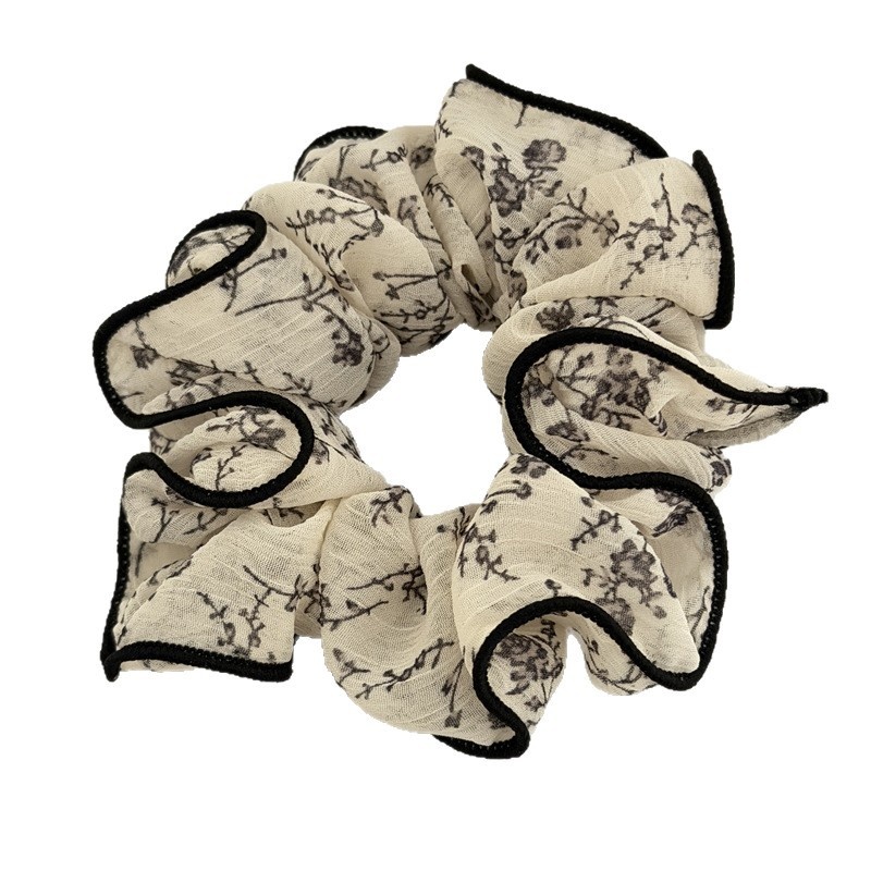 Women's Soft Chiffon Spring Hair Tie Scrunchie Beige Ditsy Floral