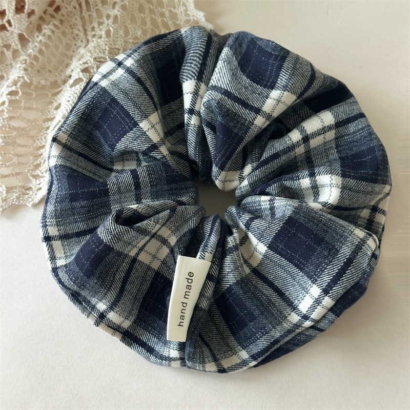 Women's Retro Dark Plaid Hair Ties Preppy Frayed Cloth Elastic Hair Bands
