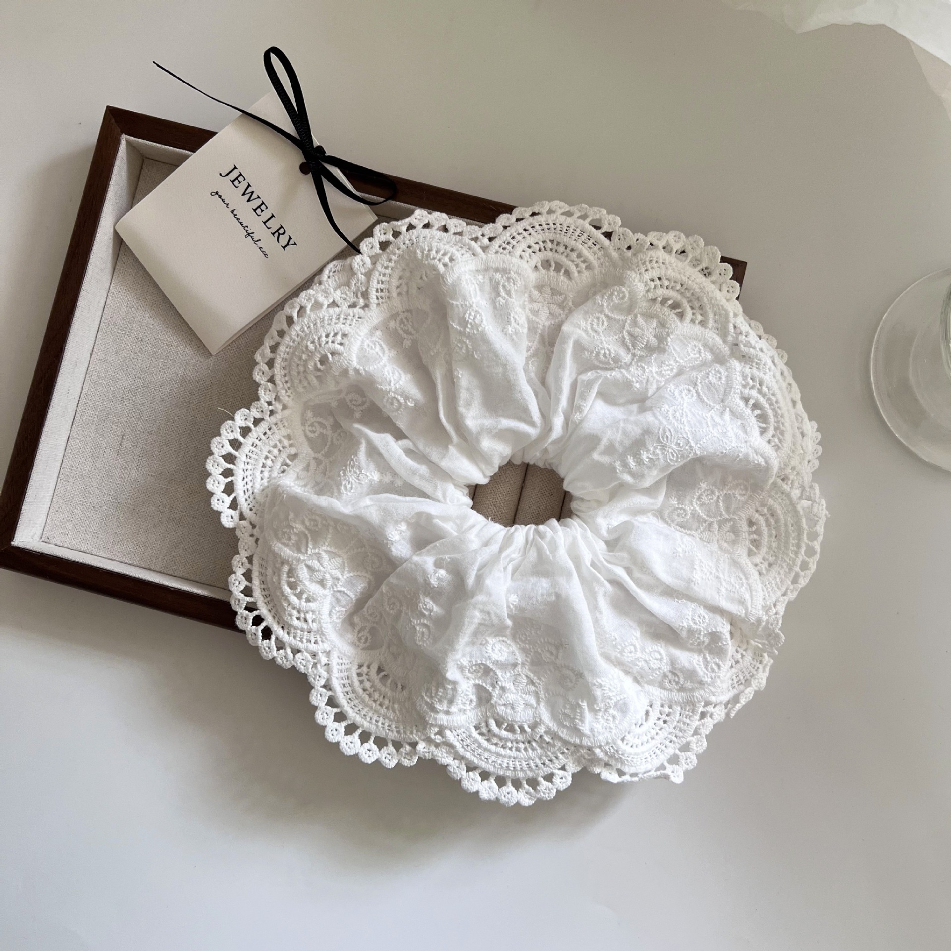 Women's Elegant Large Lace Scrunchie Sweet Ponytail Tie Solid White