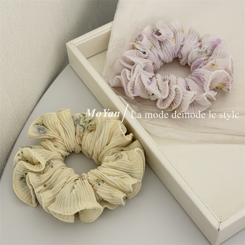 Women Chiffon Hair Tie Sweet Ditsy Floral Spring Accessory White Beige