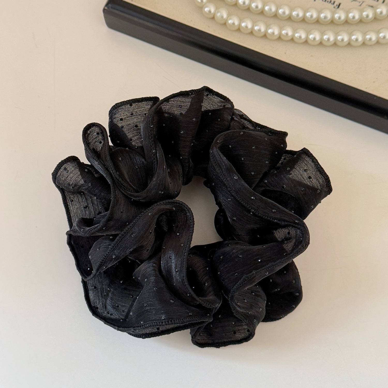 Women's Sweet Gauze Hair Tie For Daily Wear Black And Pink Polka Dots