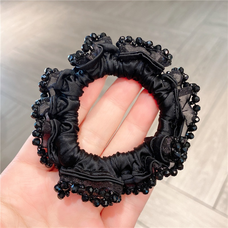 Women's High Elastic Cloth Crystal Daily Hair Bun Tie Solid Grey Black