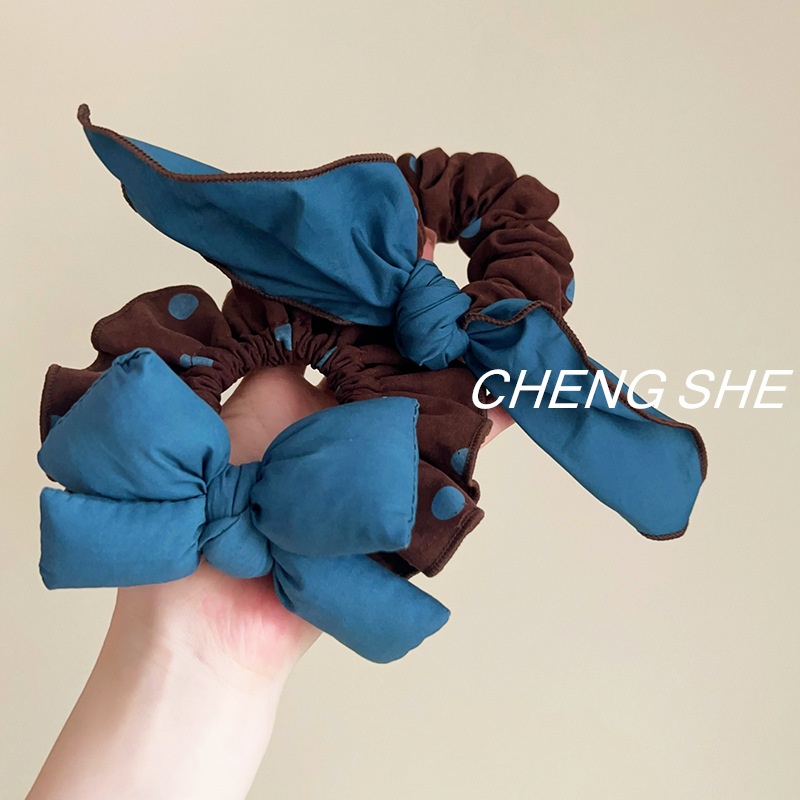 Women's Sweet Fabric Sponge Butterfly Bow Hair Tie Blue Polka Dot