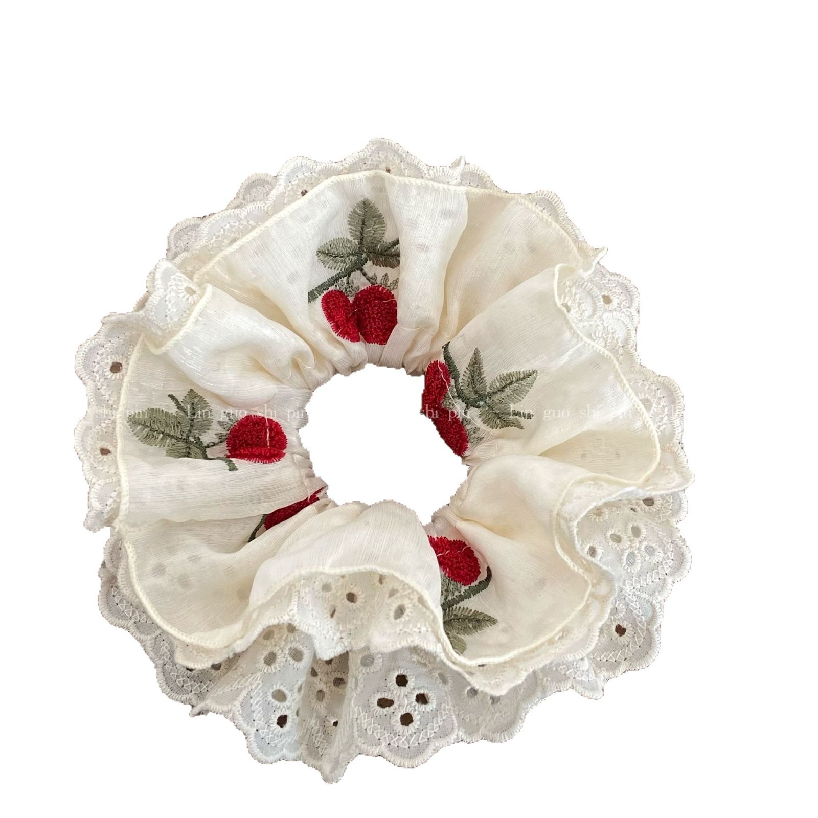 Women's Sweet Gauze Hair Tie White Cherry Pattern Lace Embroidery