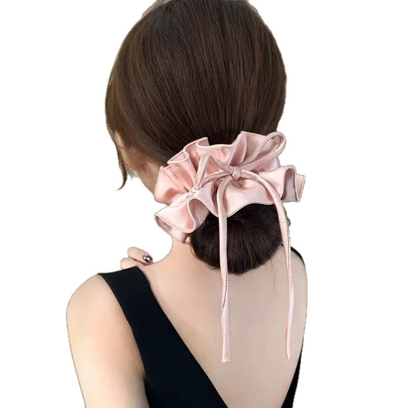 Ladies Double Layer Satin Elastic Ponytail Hair Scarf Bow Knot