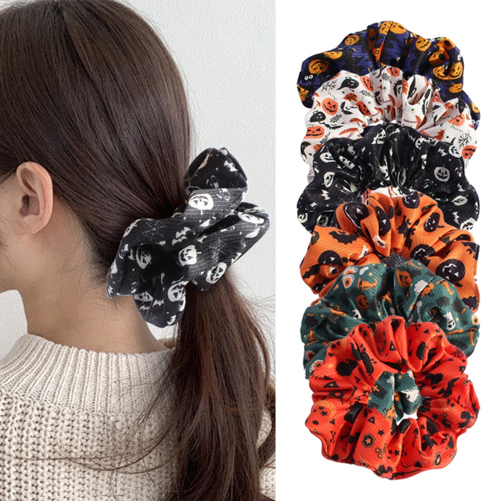 Women's Halloween Fabric Hair Ties Black Skeleton Head Dark Style