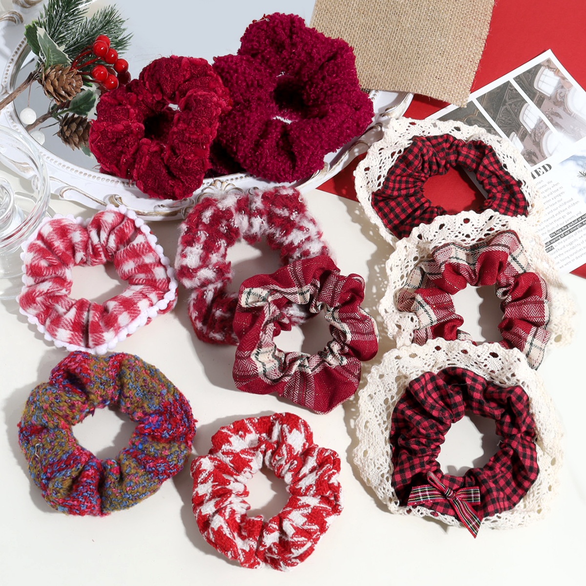 Women's Autumn Winter Fluffy Knit Hair Scrunchie Classic Red Plaid