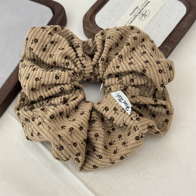Women's Fall Winter Corduroy Hair Tie Scrunchie Khaki Ditsy Floral