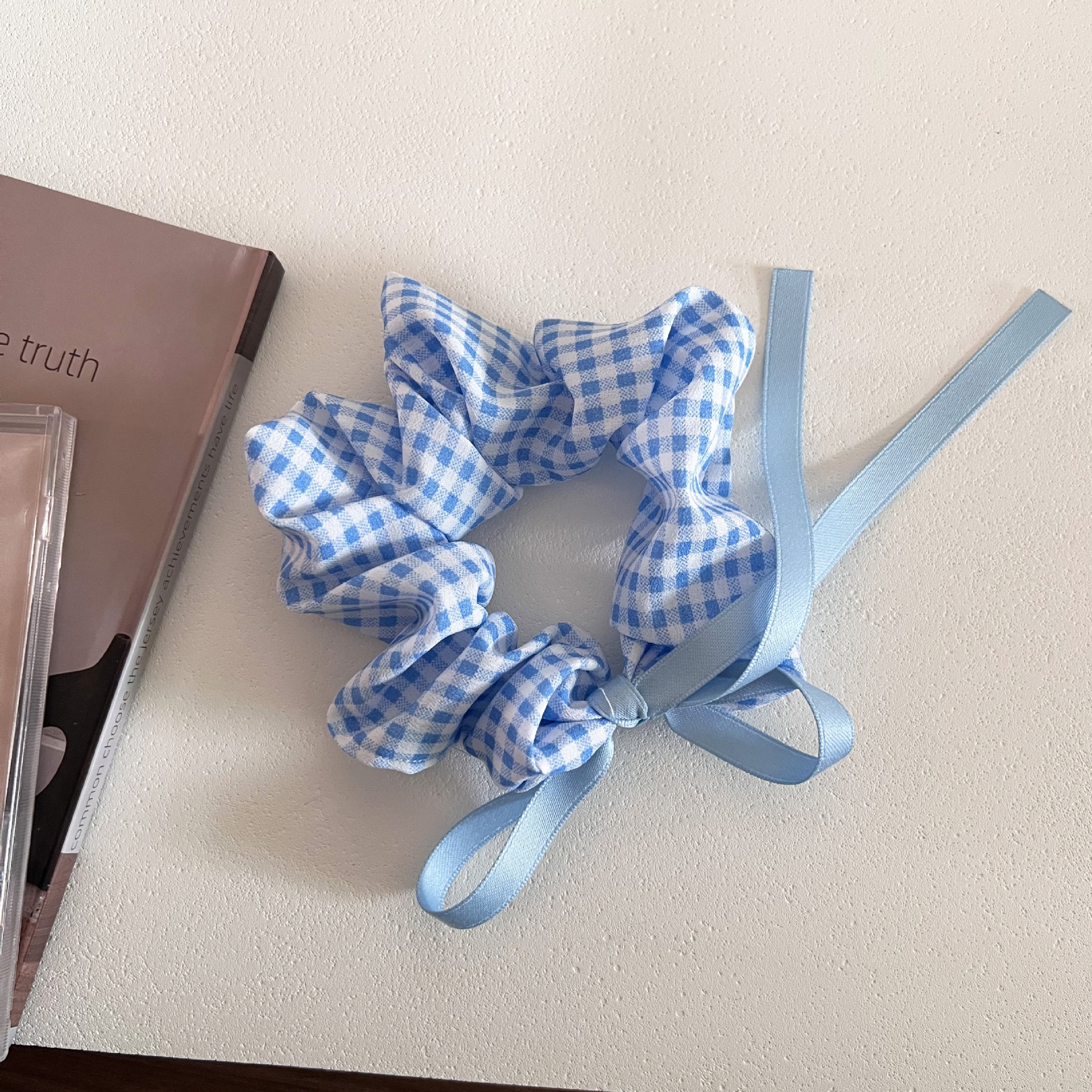 Women's Large Cloth Bow Scrunchie For Hair Buns Blue Plaid Polka Dot