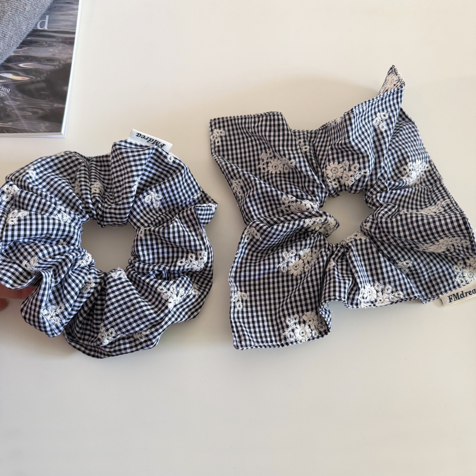 Women's Spring Cloth Bubble Braid Hair Rope Black & White Checkered