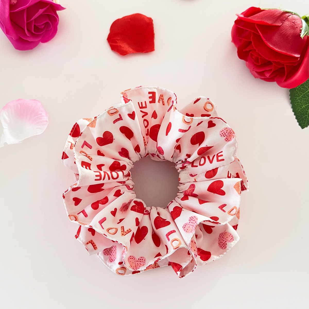 Women's Double Layer Cloth Hair Scrunchie Valentine Heart Lip Pattern