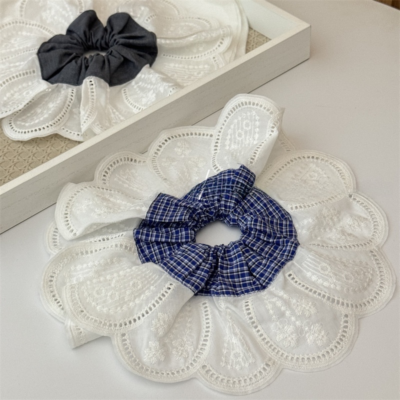 Women's All Season Cloth Scrunchie Hair Tie Grey Blue Plaid Patchwork
