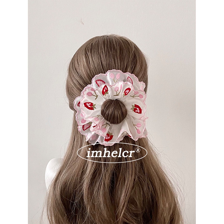 Women's Spring Cloth Telephone Cord Hair Tie Pink Embroidered Strawberry