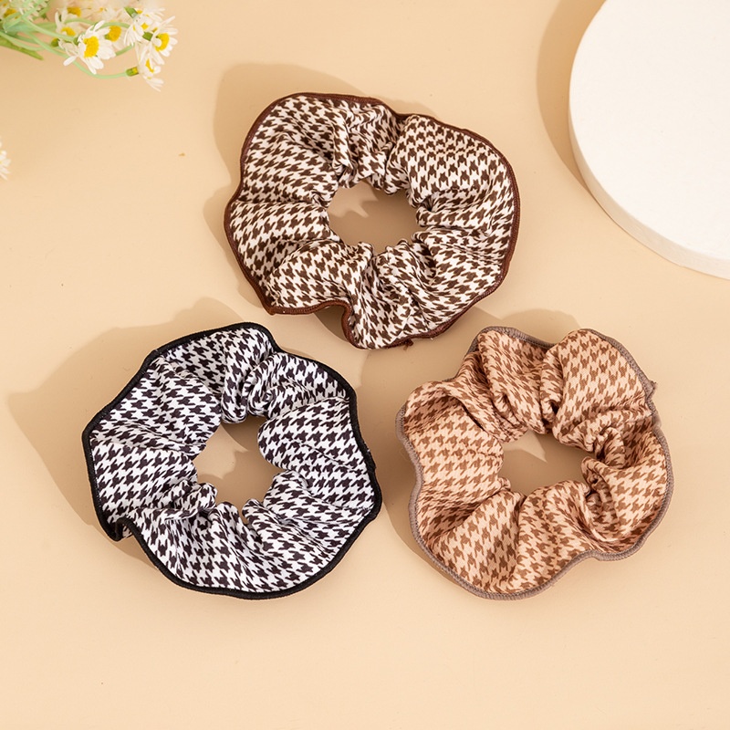 Women's Fabric Hairband Bun Headwear Houndstooth Plaid Black Coffee