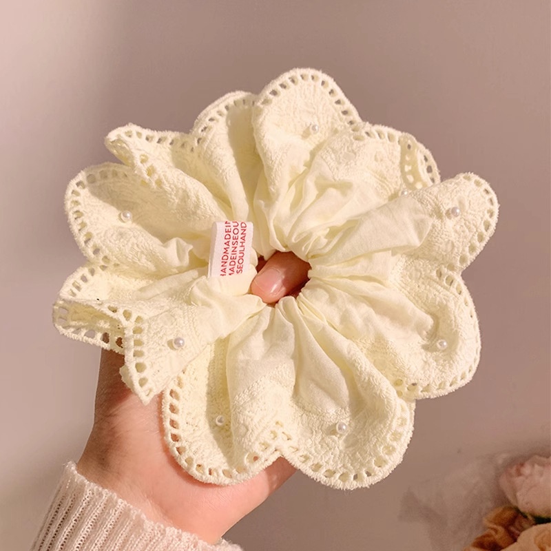 Women's Elegant Pleated Ponytail Bun Hair Tie Yellow Lace Pearl Flower