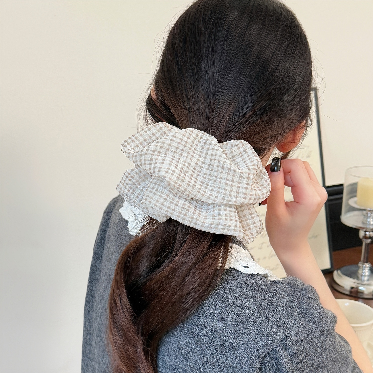 Women's Sweet Spring Cloth Hair Tie Daily Accessories Black Plaid