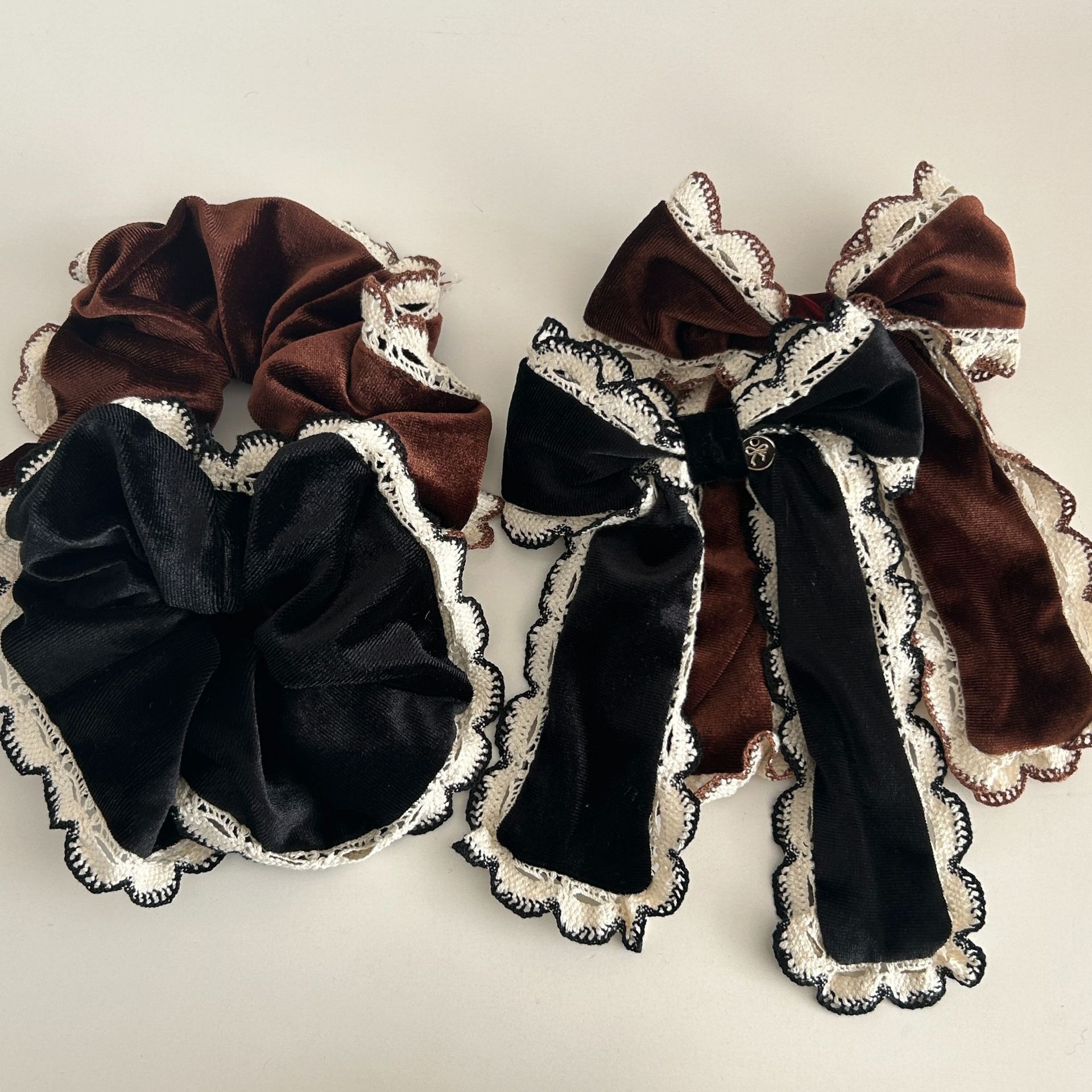 Women's French Vintage Velvet Lace Bowknot Elastic Hairband Coffee Black