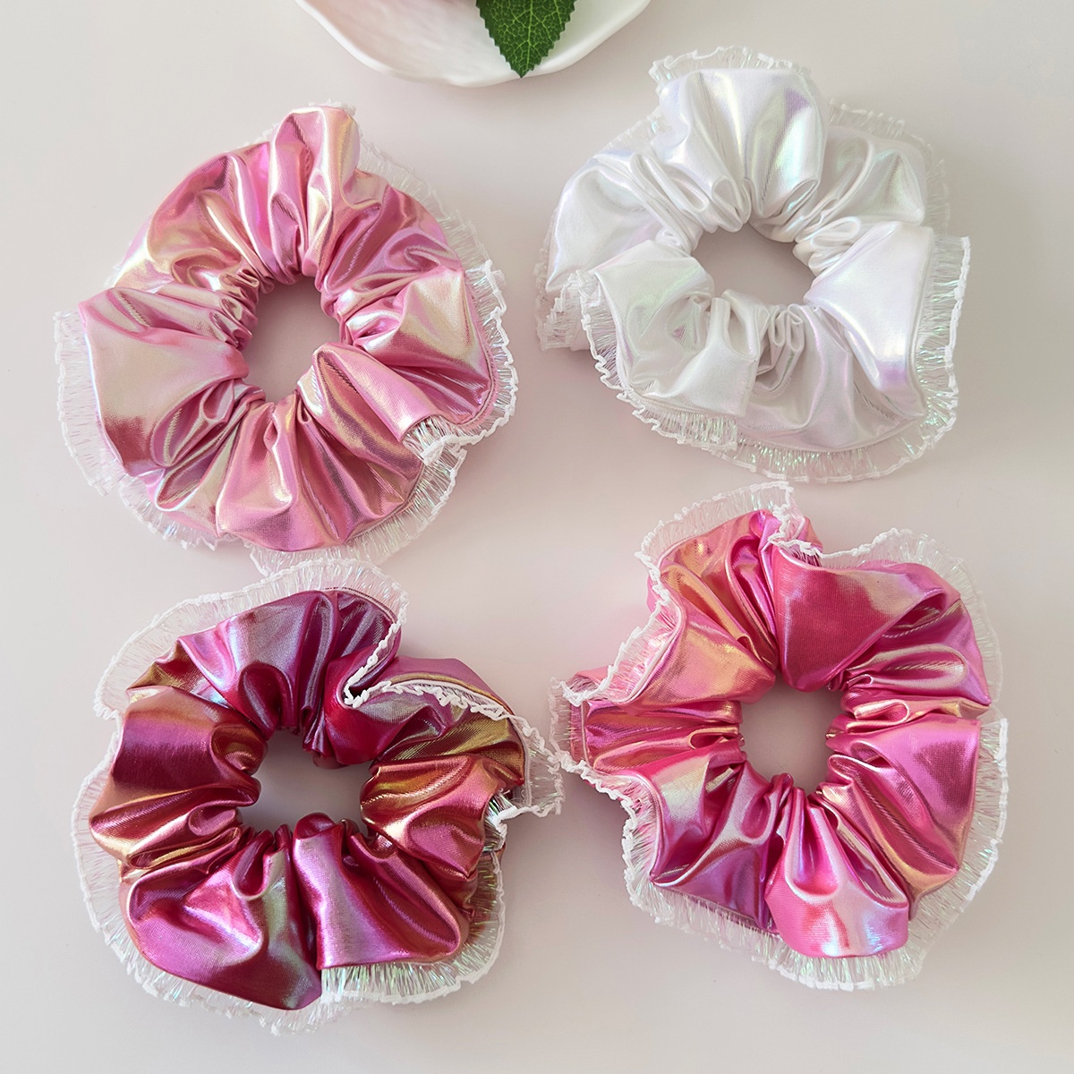 Women Festive Large PU Leather Hair Tie Laser Cut Lace Pink Rose Gold