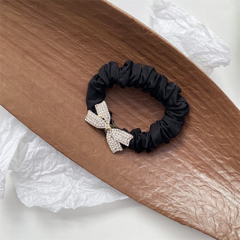 Women's Pearl Bowknot Diamond Alloy Elastic Hair Tie Black Solid Color