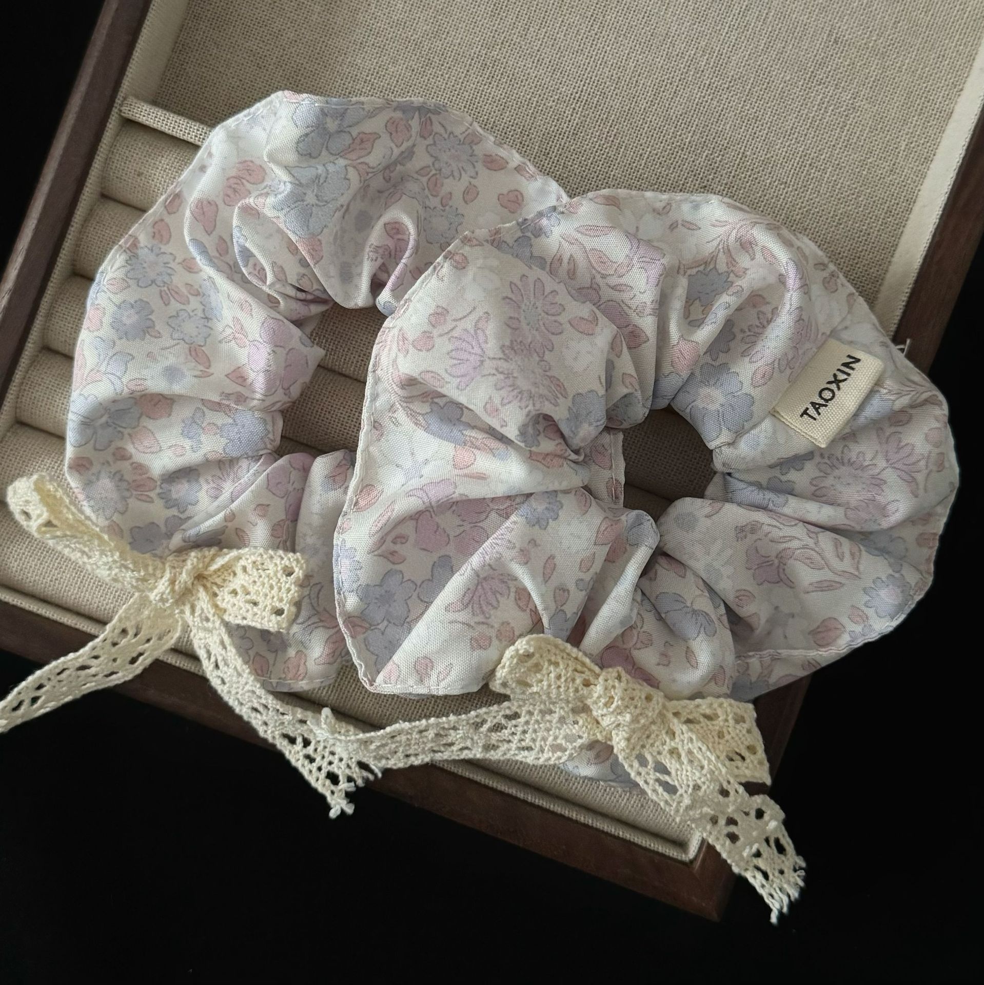 Girls Sweet Purple Floral Bow Scrunchie Large Elastic Cloth Ponytail Hair Tie