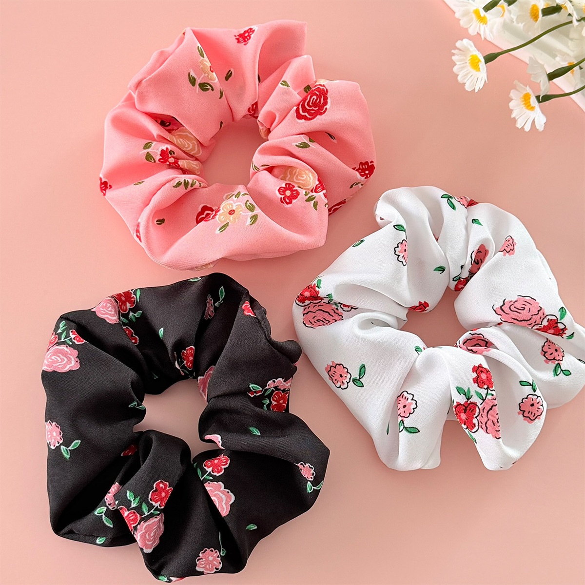 Women's Valentine Fabric Elastic Hairband Scrunchies Rose Pink White Black