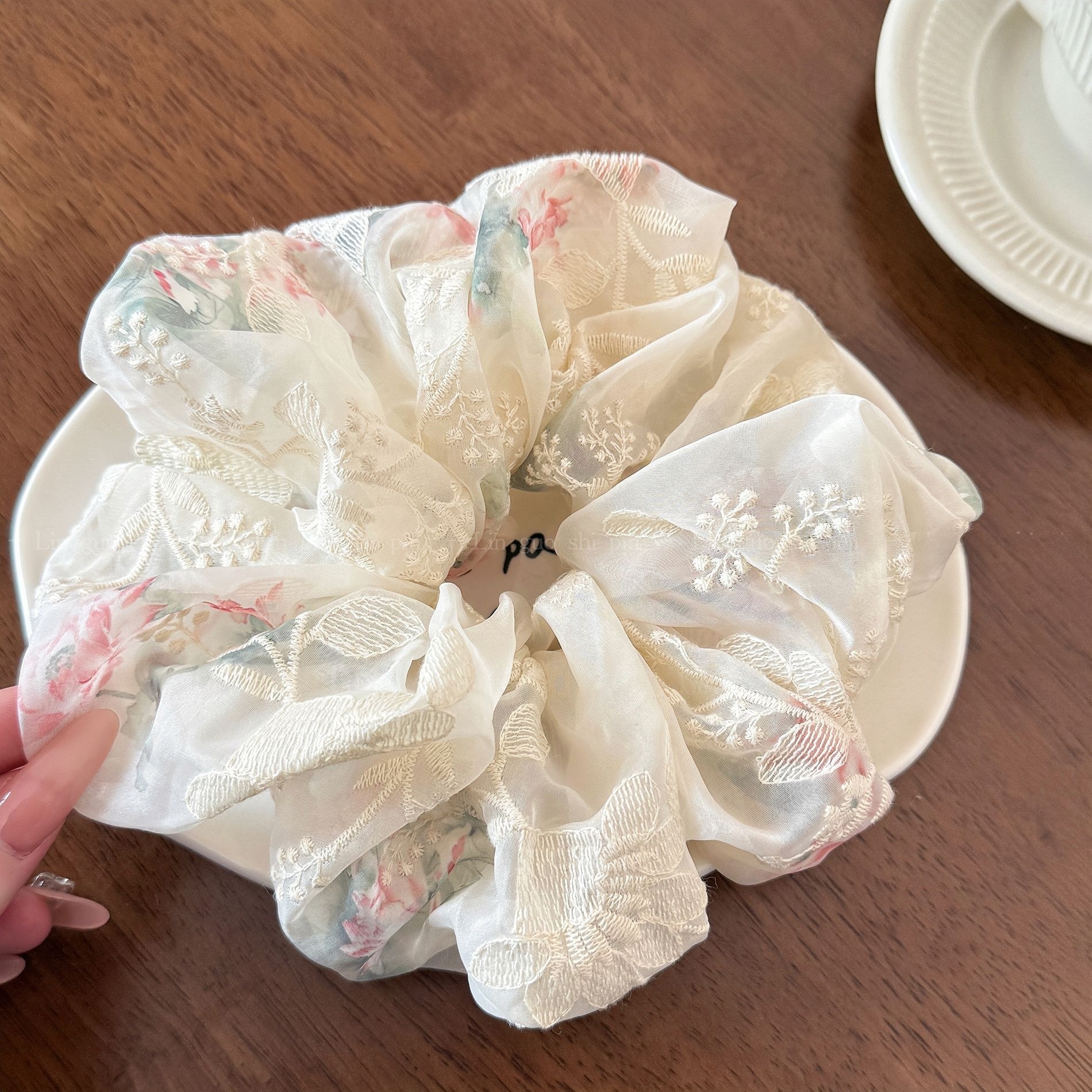 Women's Soft Gauze Fairy Hair Tie Ditsy Floral Embroidery