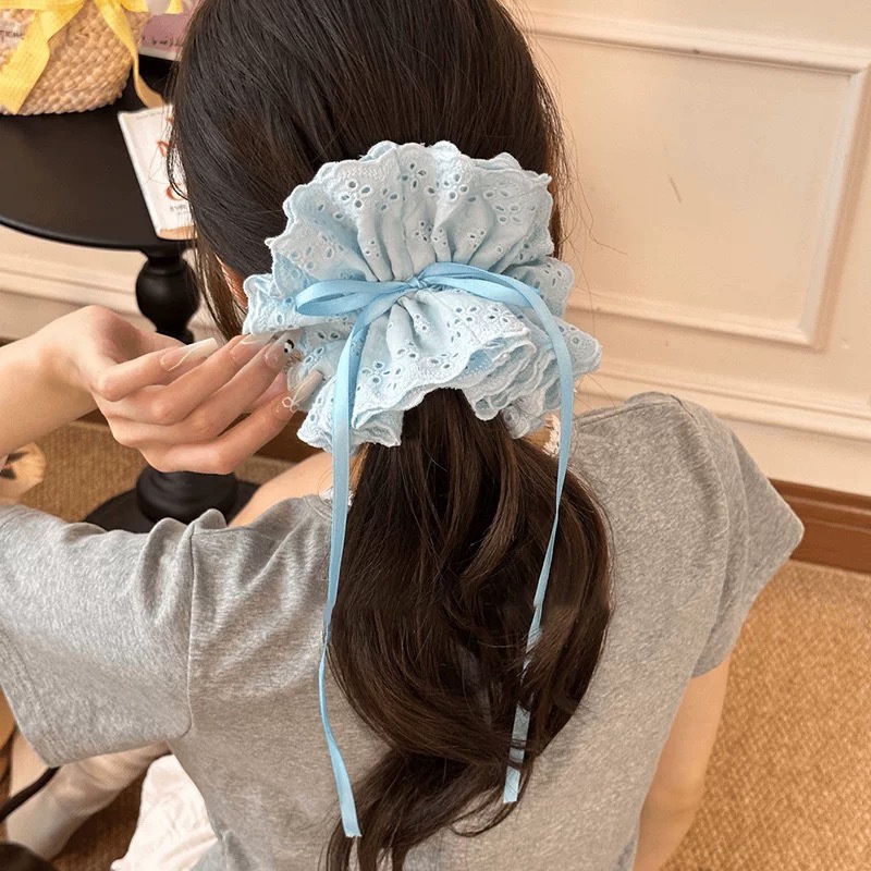 Women's Elegant Banquet Oversized Lace Elastic Hair Tie White Floral